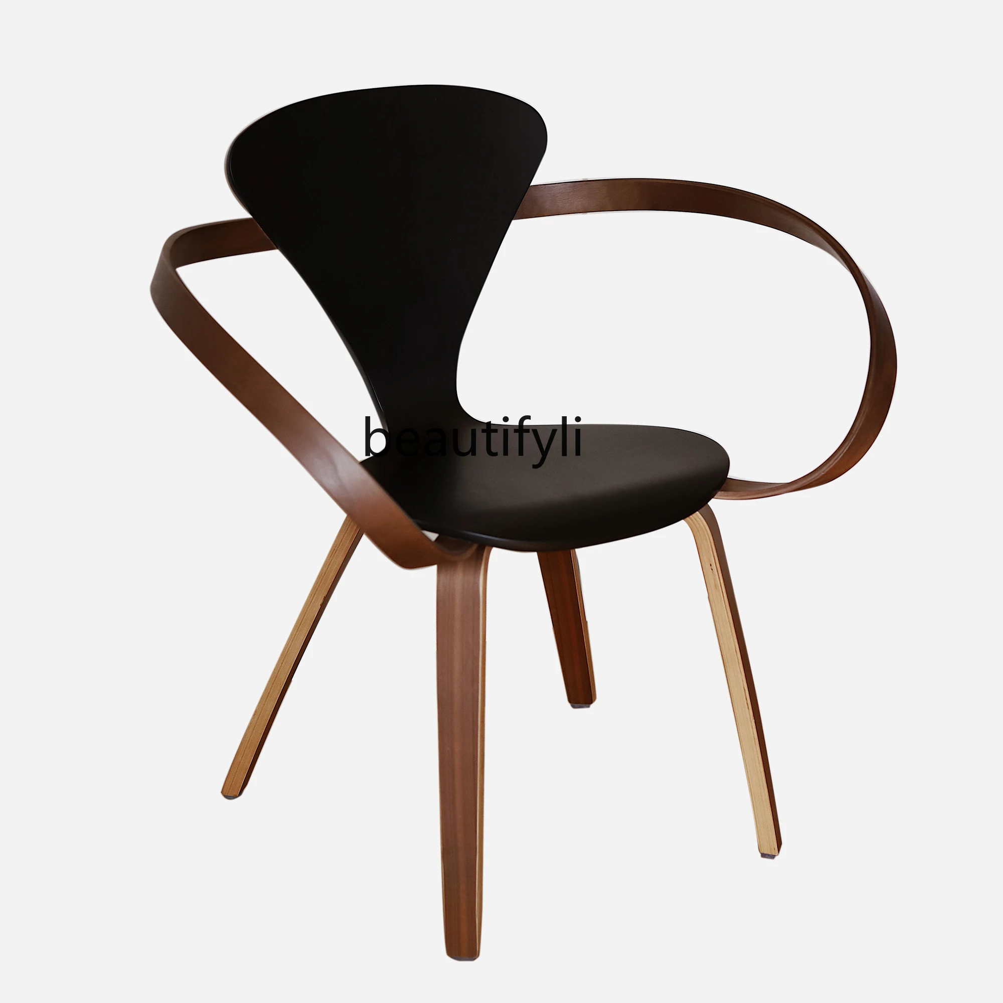 

Nordic Simple Solid Wood Chair Black Walnut Dining Chair Armchair Shaped Art Ribbon Chair Living Room