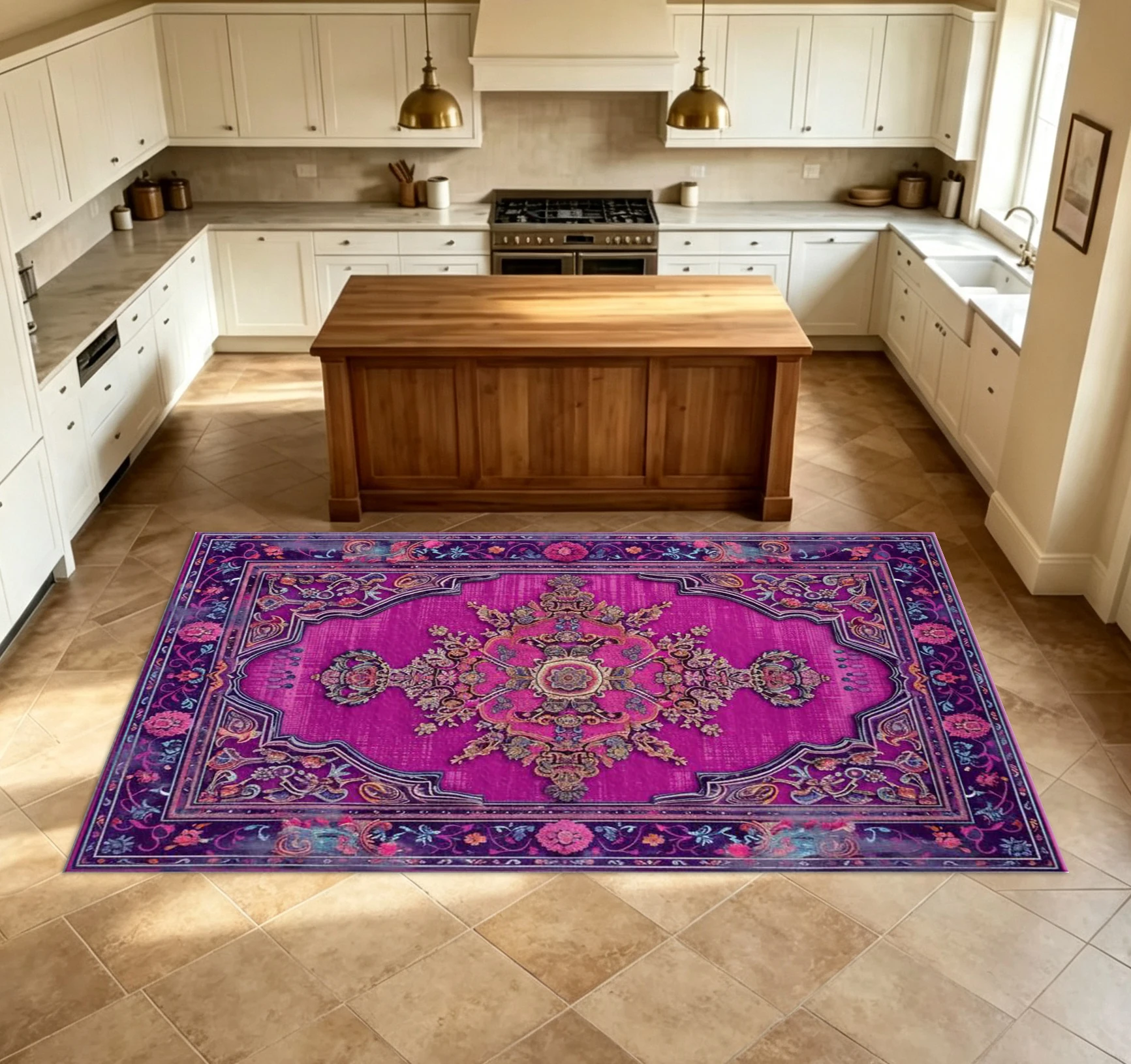 Vintage Bright Pink and Purple Oriental Pattern Carpet, Bohemian Floral Border Printed Rug, Retro Ethnic Home Decor Carpet