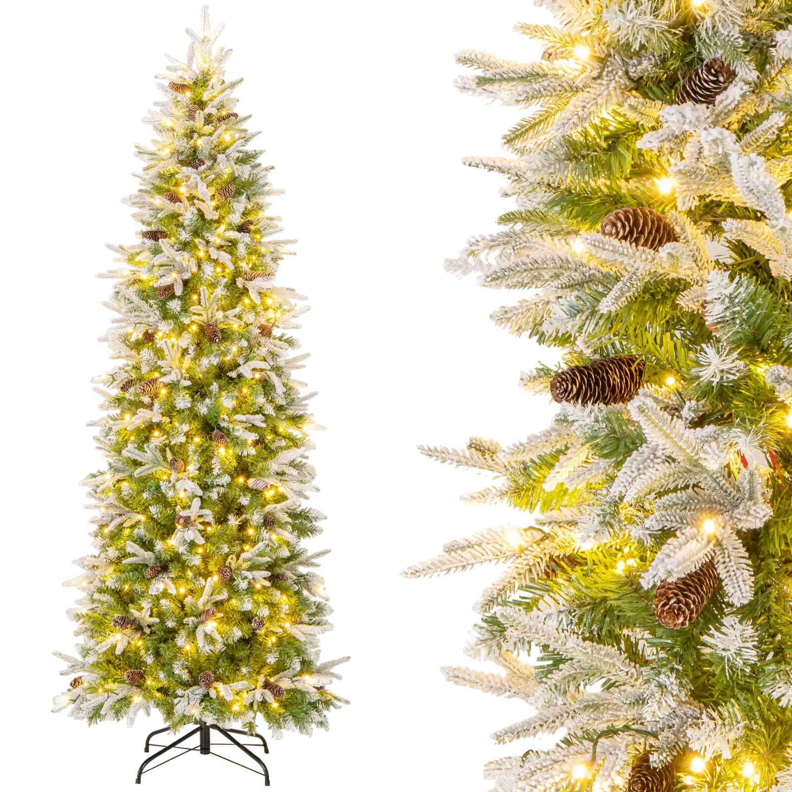 7.5 FT Flocked Christmas Tree w/913 PE PVC Branch Tips 350 Warm White LED Lights