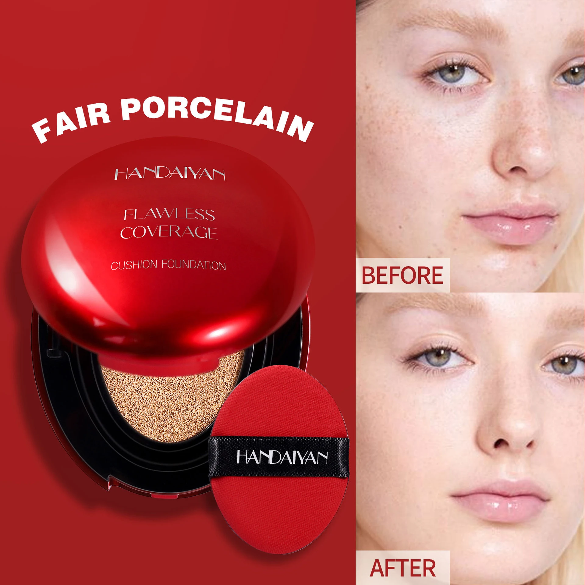 Handaiyan 퍼프 + 컨실러 레드 쉘 파운데이션 내추럴 피니쉬 피부색 밝게 오랫동안 지속되는 메이크업 파운데이션