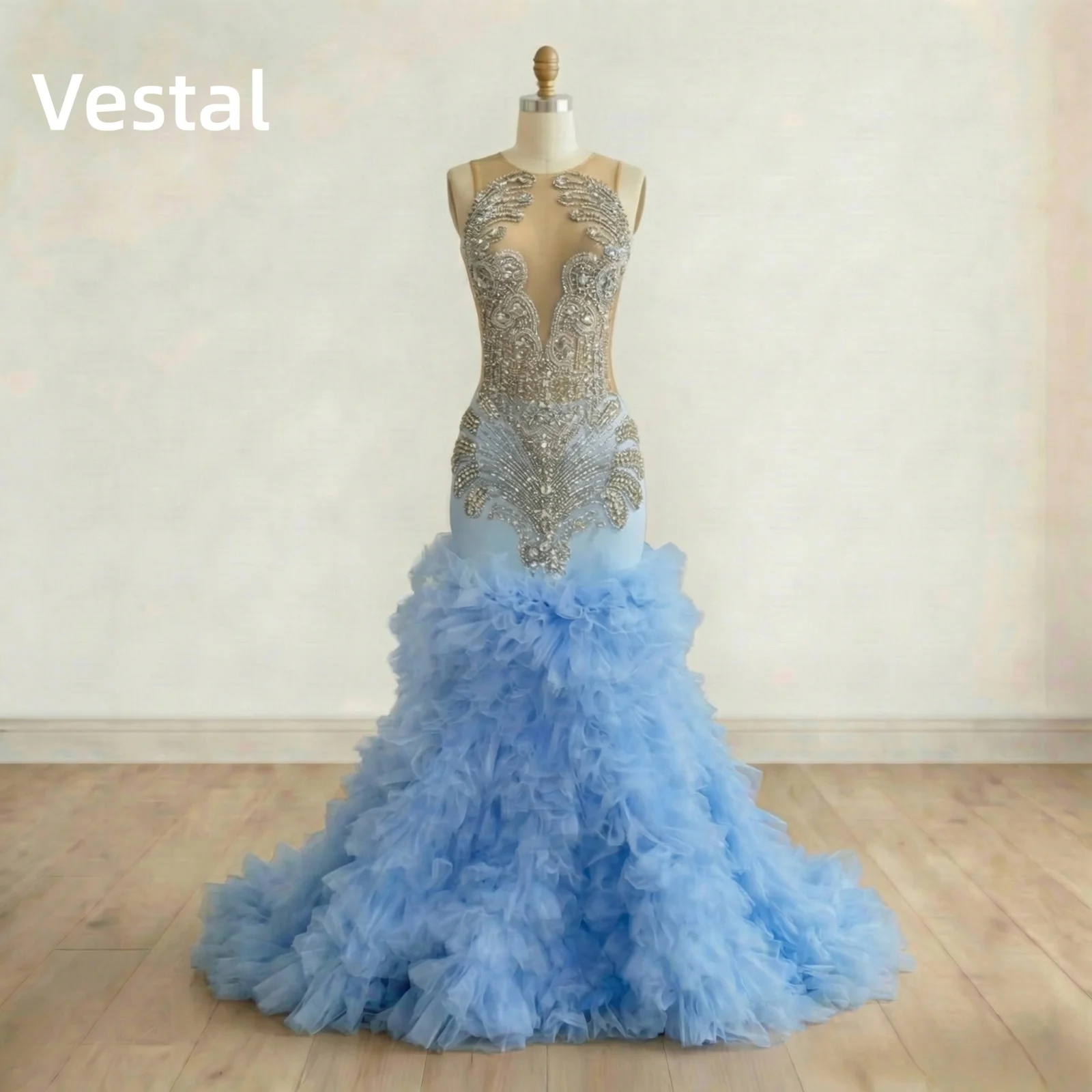 

Light Blue Tulle Prom Dress with Sheer Beaded Bodice Ruffled Skirt Evening Gown Customized