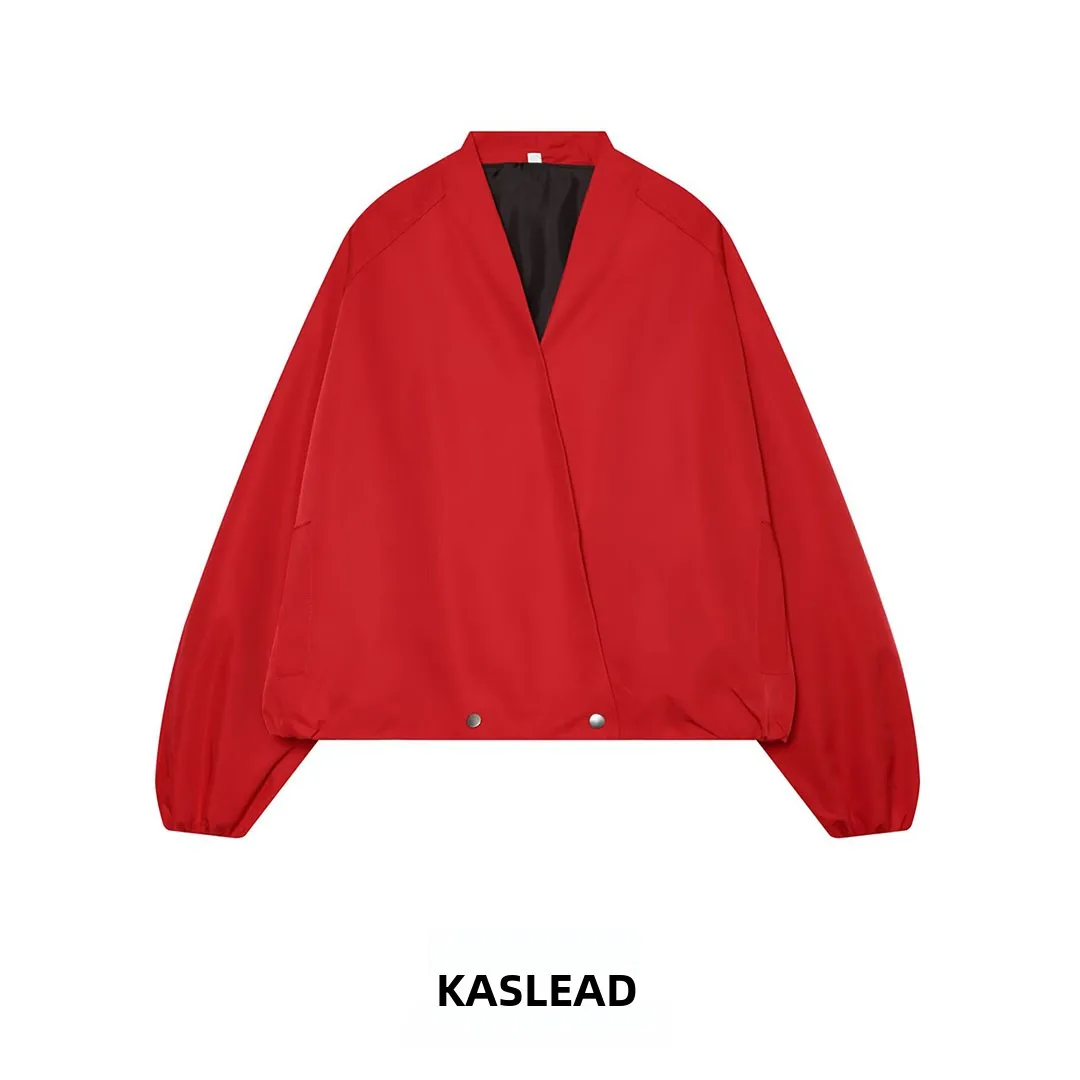KASLEAD New Women's Fashionable Loose Long Sleeve V-Neck Flight Jacket Outerwear Versatile Polyester Fiber Autumn Season