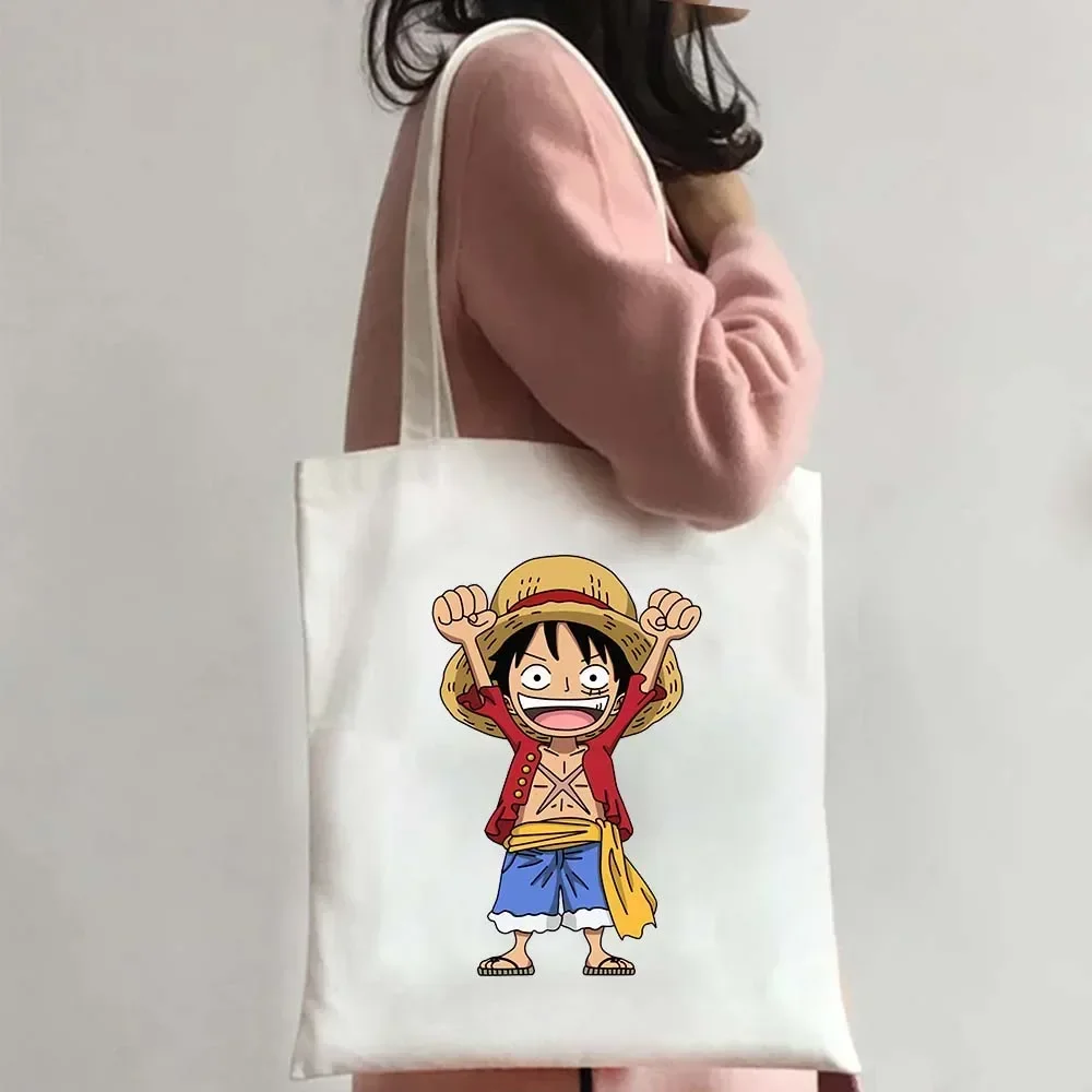 Large Capacity Beach Bag Reusable Shopper Handbags Anime One Piece Monkey Cute Luffy Zoro Tote Bags Shopping Canvas Bag