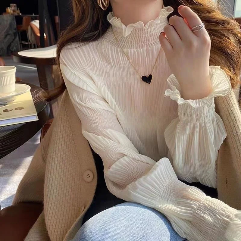 Chiffon Blouse Women Auricular Edge Fairy Gas 2023 New Korean Version Loose Foreign Style Court Bottom Coat