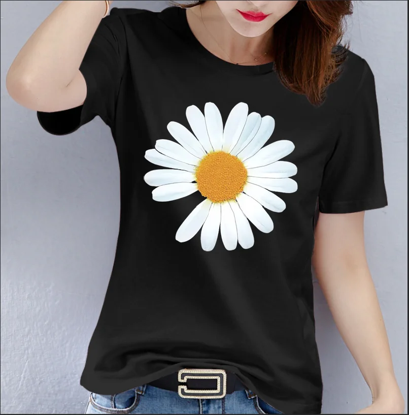 Camiseta de algodón con estampado de flores para mujer, camiseta de manga corta con cuello redondo y Media manga con margaritas, ropa de gran tamaño