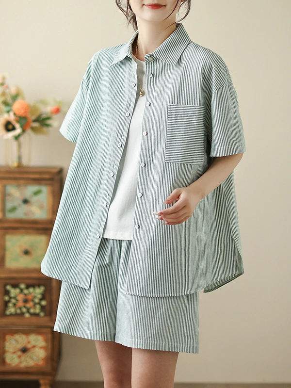 

Faionable Cotton Linen Set ort Sve Button Loose Waist Wide Leg orts Casual Loose Two Piece Set for Women