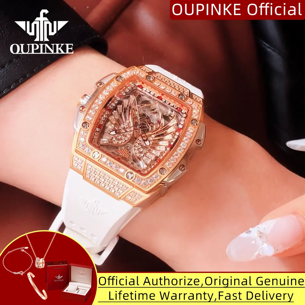 

OUPINKE 3225 Woman Watch Hollowed Diamond Love Heart Angel Wing Design Japan Automatic Movement Mechancial Wristwatch for Woman