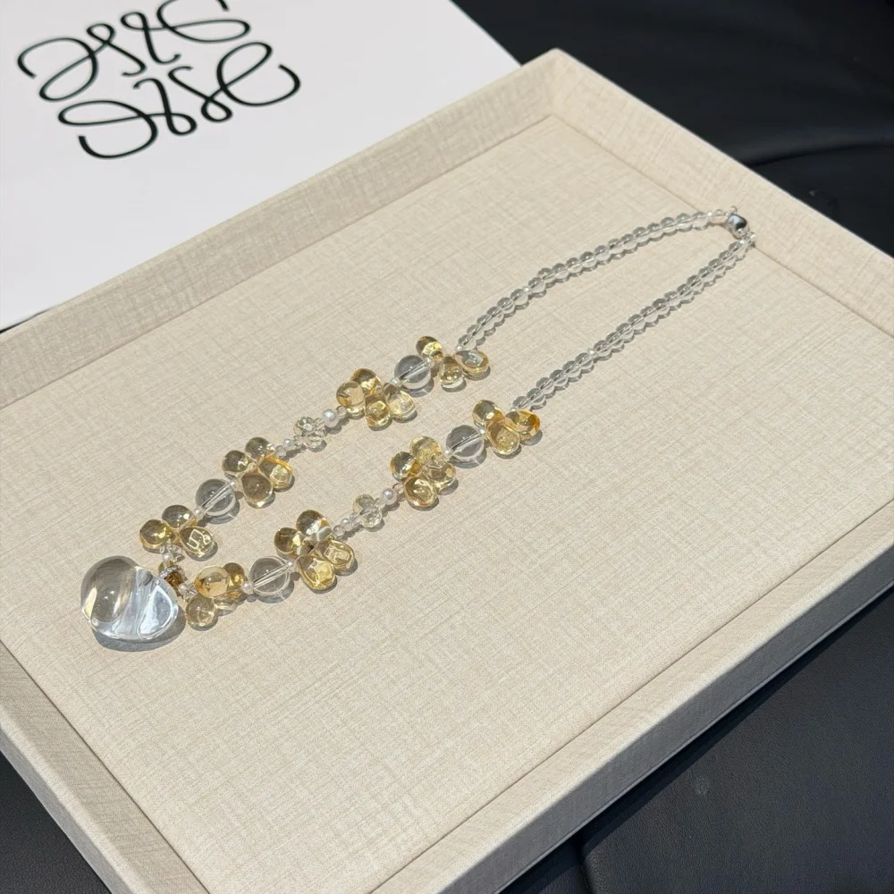 Natural Citrine Clear Quartz Heart Necklace String Charms Handmade Fortune Energy Mineral Woman Amulet Jewelry Gift 1PCS