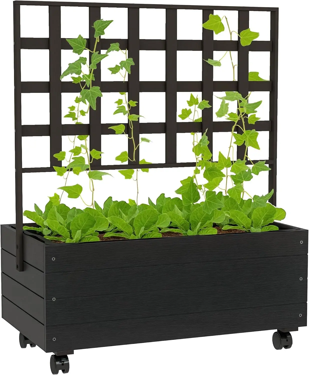 Raised Garden Bed with Trellis and Wheels, Outdoor Wooden Elevated Planter Box, Freestanding Raised Flower Bed for Climbing Plants, Flowers, Herbs and Vegetables
