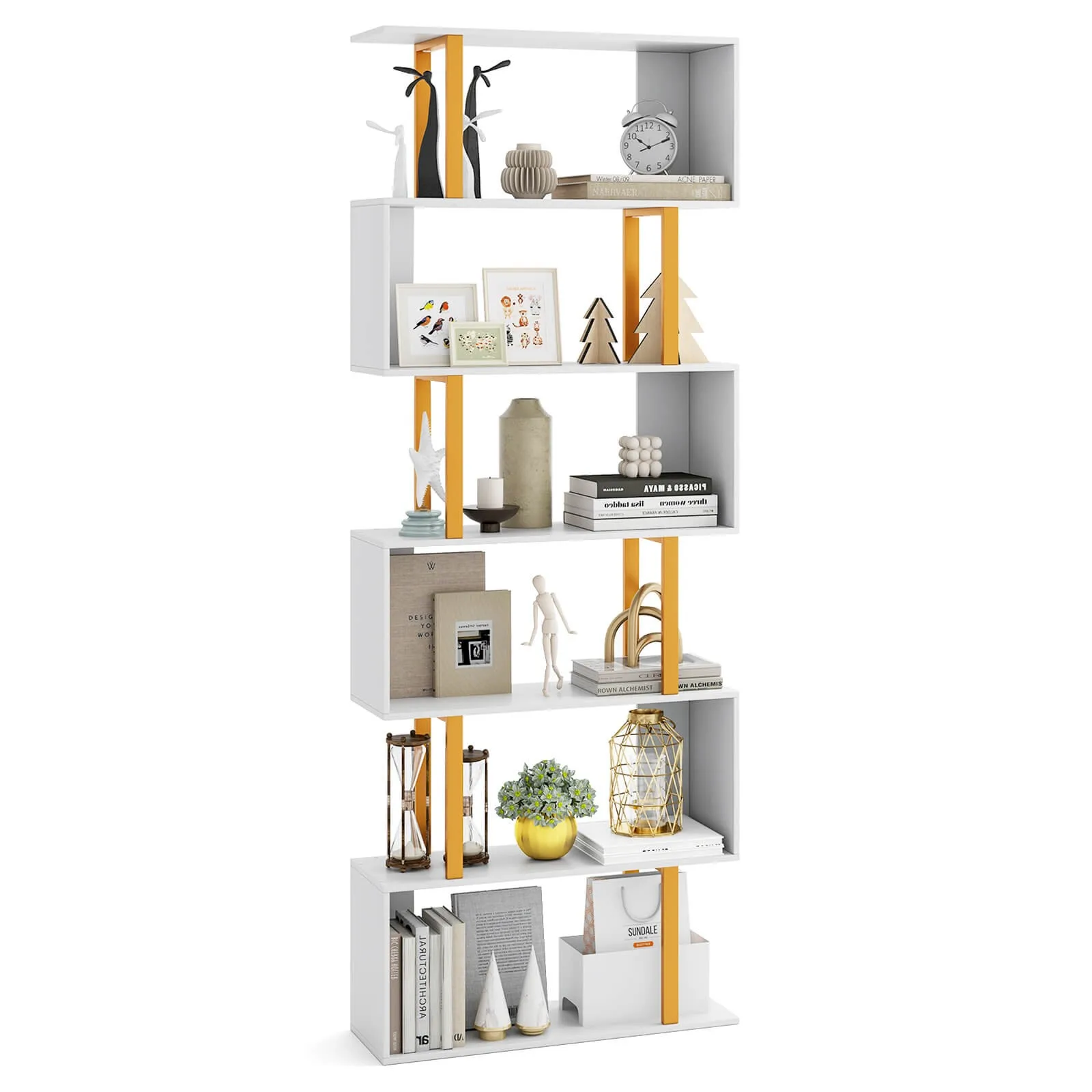 6-Tier Geometric Bookcase 74.5-Inch S-Shaped Bookshelf with Metal Frame Gold