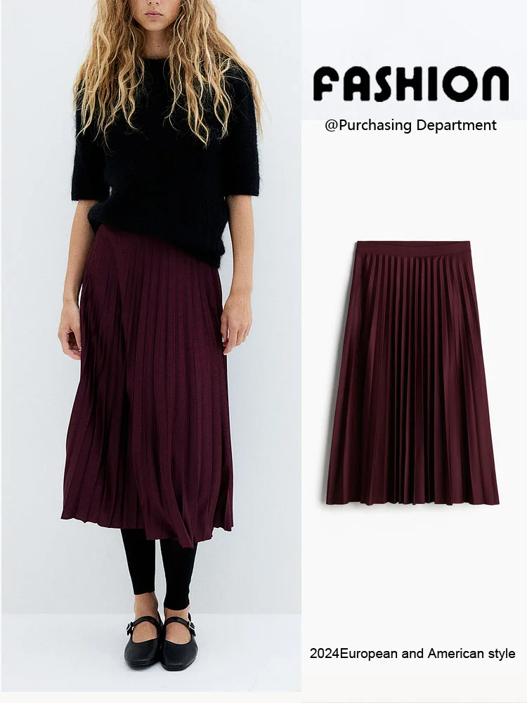 

Юбка миди с высокой талией женская, весна-осень, новый стиль, бордовая плиссированная юбка, ретро-мода, универсальная, стройнящая, верхняя одежда, полуюбка