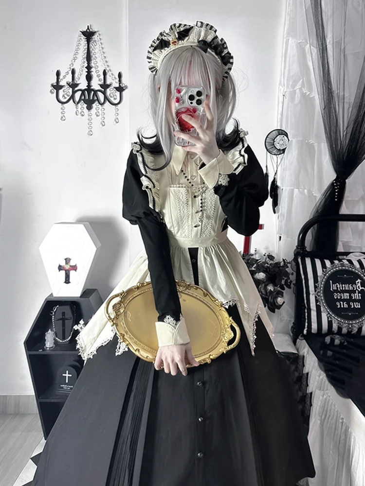 Lolita Dresses Autumn and Winter Dark Dress Nun Style Apron Halloween Costume Puff Sleeve