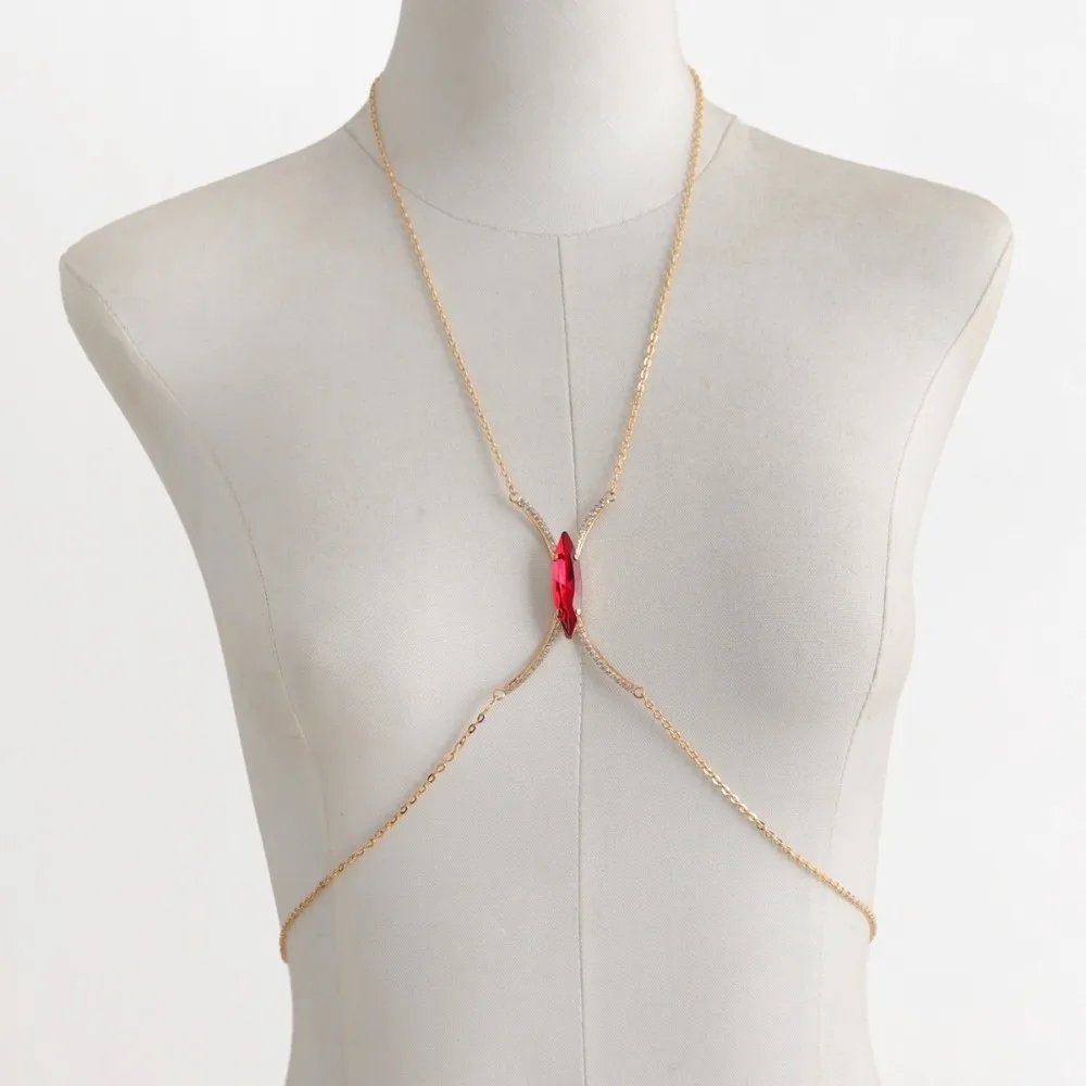 Punk Demon Eye Chest Support Body Chain Rhinestone Jewelry Bra Chest Chain Red Crystal Breast Chain Low-cut Dress