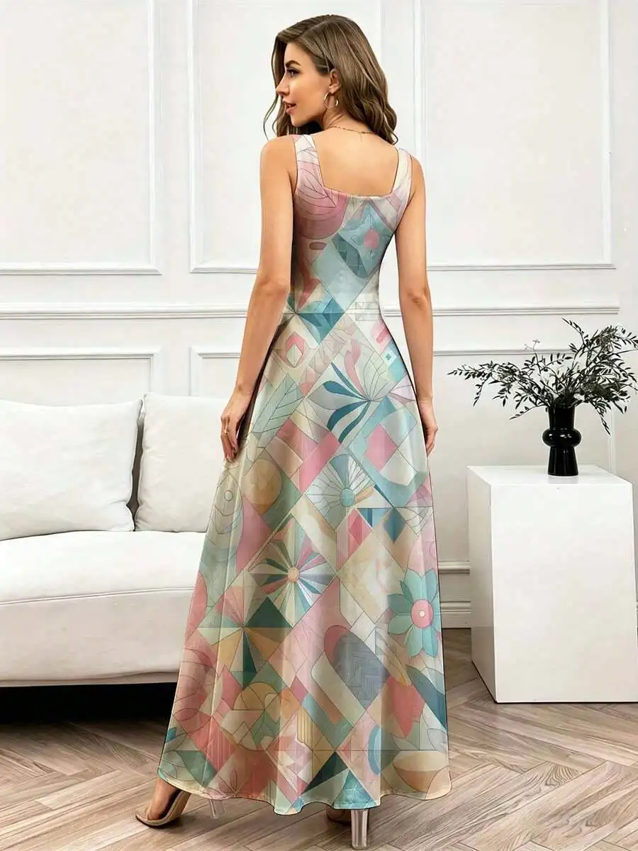 

Geometric Print Sleeveless Maxi Dress Square Neck Flowing Flare Casual