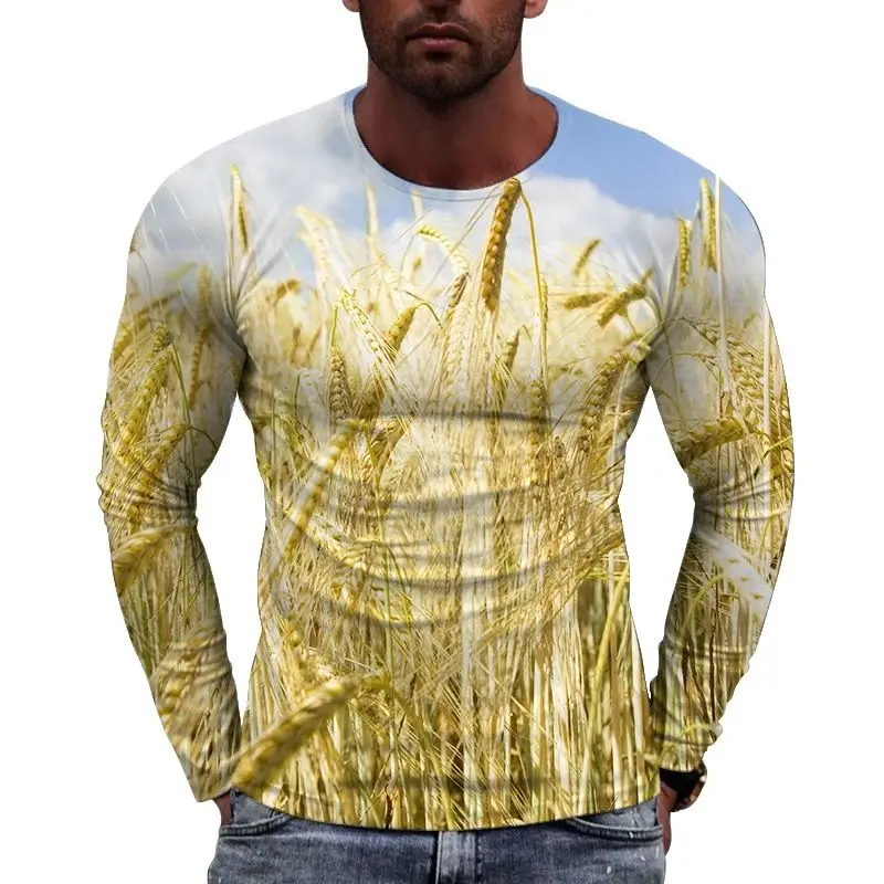 New European Golden Wheat Wave Picture  Men long sleeved T-shirt Casual Printed Tees Hip-hop Personality Round Neck  Tops