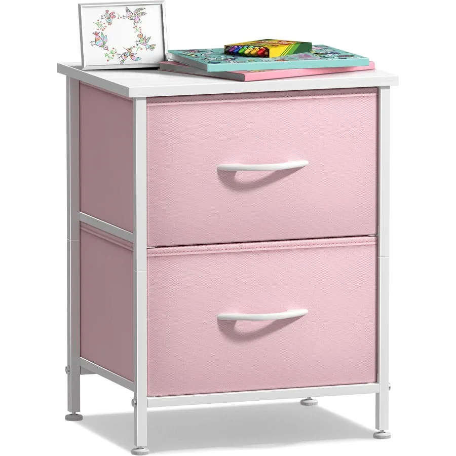 Nightstand with 2 Drawers - Kids Bedside Furniture End Table Night Stand - Steel Frame, Wood Top & Easy Pull Fabric