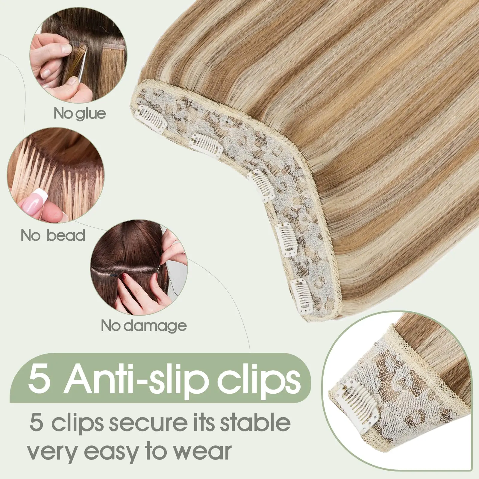 Clip en extensiones de cabello humano brasileño 100%, postizos naturales rectos, 5 Clips en una pieza, Color #8/613