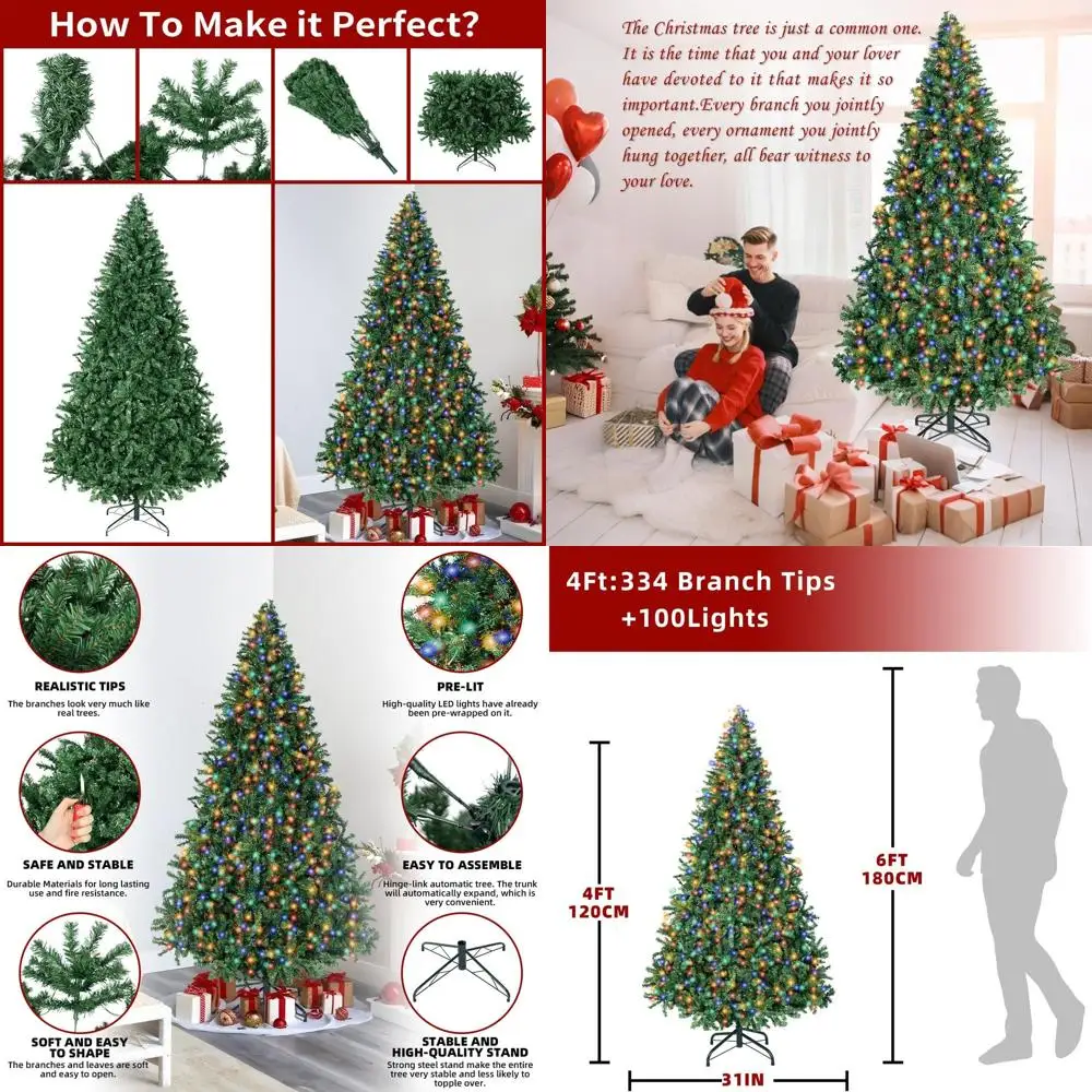 

Artificial Christmas Spruce Tree with LED Lights, 100 Lights, 334 Tips, Hinged, Foldable Base for Home and Party Decor