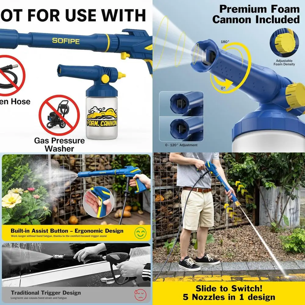 

5-in-1 Pressure Washer Gun with Foam Cannon, Built-in 5 Spray Nozzles, M22-14 & M22-15 Adapters, 3/8" Quick-Connect Adapter – Po