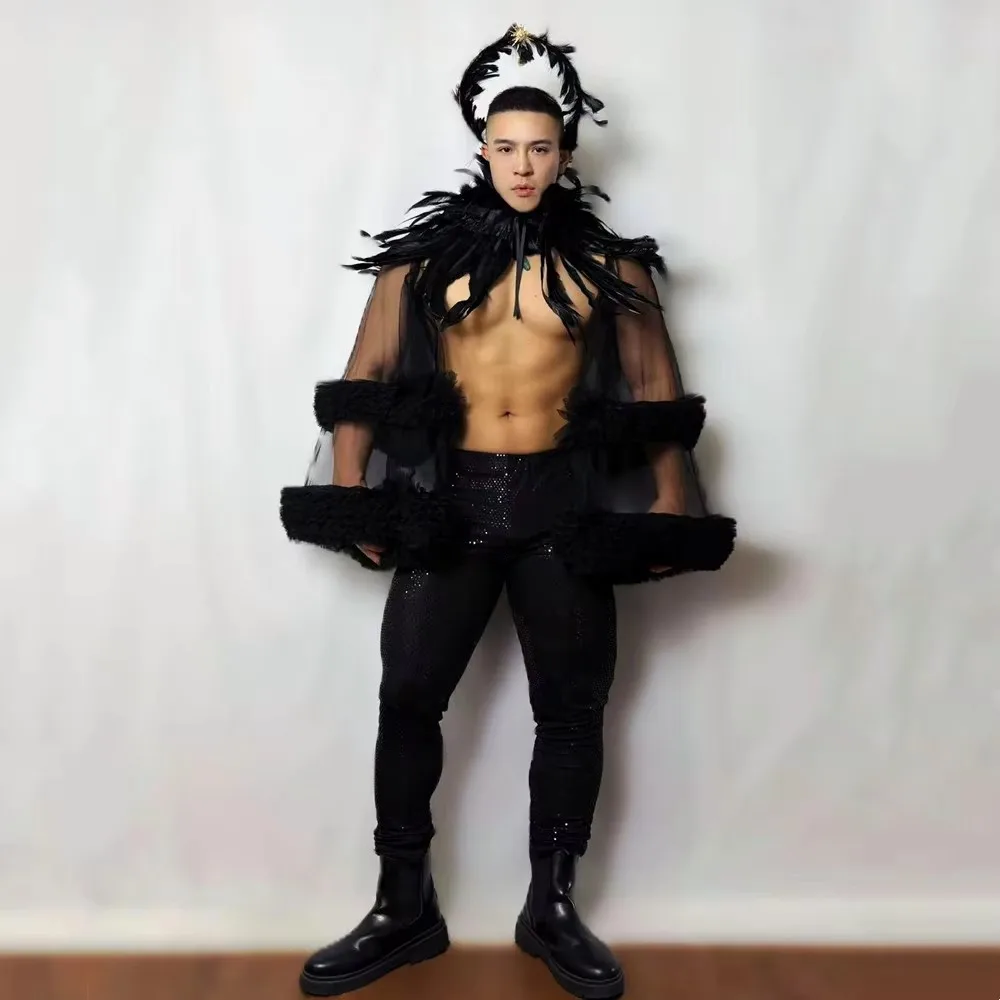 고딕 스타일 할로윈 파티 역할 놀이 의상 검은 깃털 망토와 스팽글 타이트 팬츠 세트 무대 공연 레이브 의상