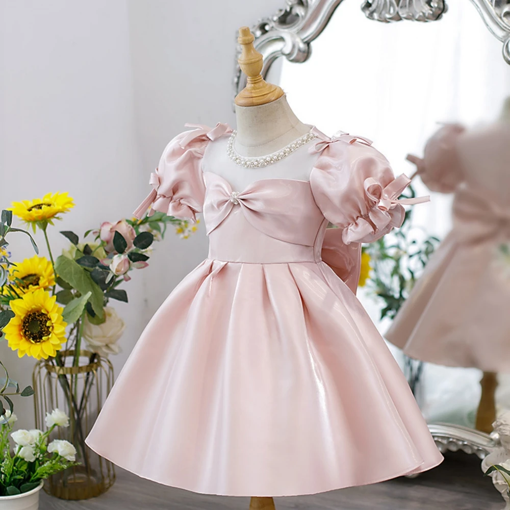 Shiny Pink Bow Pearls Princess Gown For Children Birthday Party Elegant Cute A-line Puff Sleeve Wedding Girls Dresses Customized