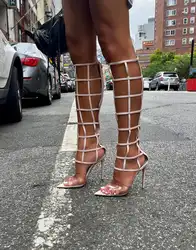 Knee High Nude Leather and Pvc Sandals Pointed Toe Hollow Stiletto Heels Gladiator Sexy Women Summer Back Zip Clear Shoes