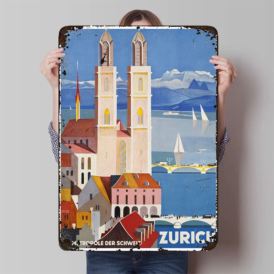 Vintage Zurich Cityscape Metal Wall Art European Architecture Decorative Painting for Living Room Home Decoration