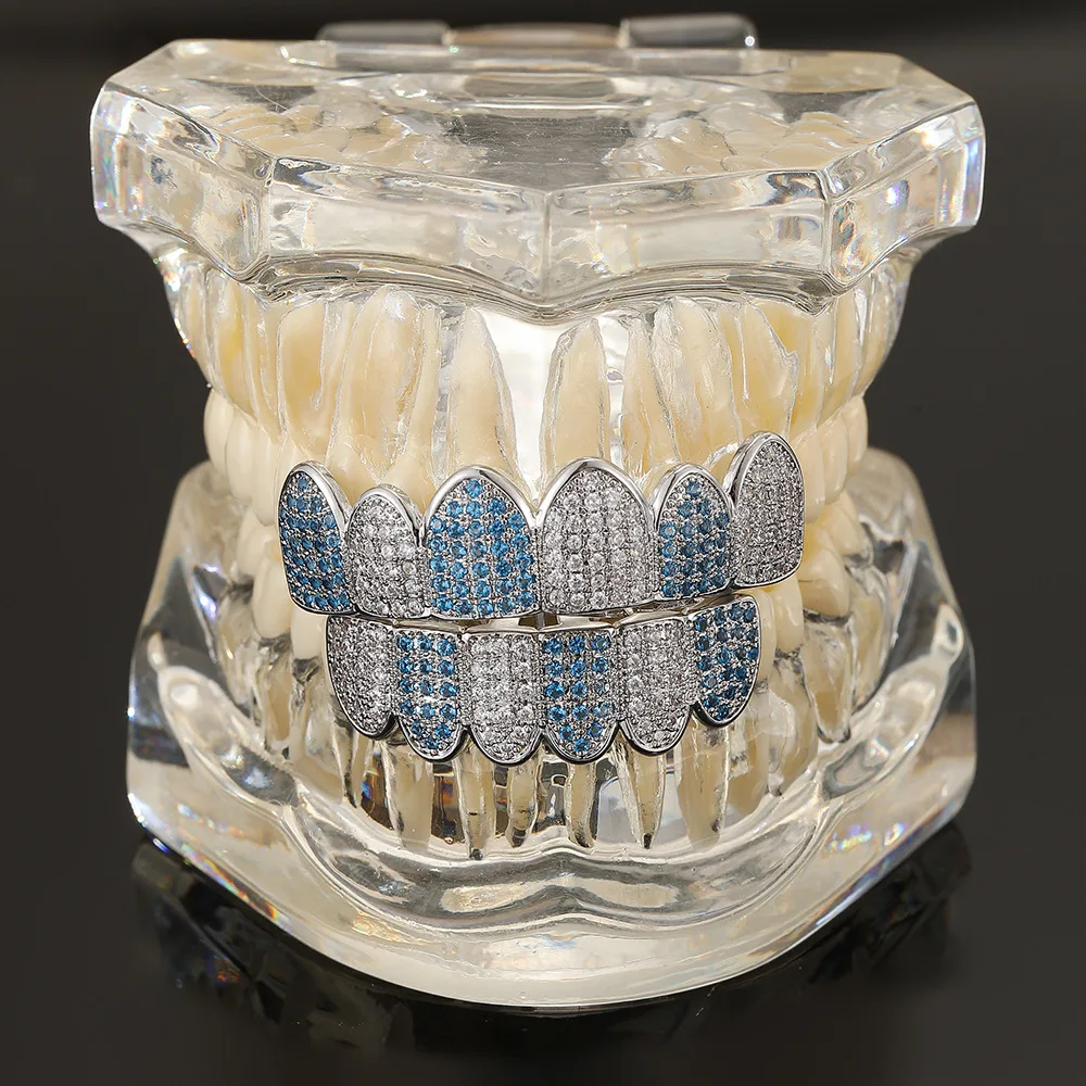 HipHop CZ Teeth Set For Unisex Blue Zircon Top Bottom Mouth Gold Silver 1212 Teeth Cap Removable