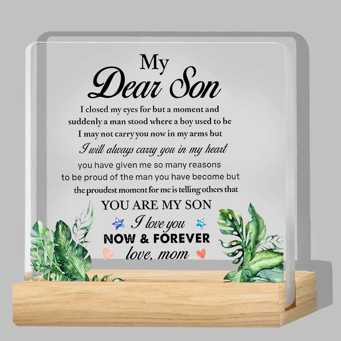 Regalo de Mamá para Mi Hijo, Placa Decorativa de Acrílico para Escritorio con Soporte de Madera, Decoración para el Hogar, con la Frase: Cerré los Ojos Solo por un Momento