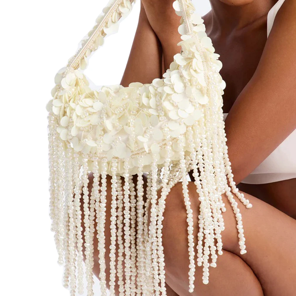 Luxury Pearls Tassel Evening Bags for Women Handbags Elegant Sequined Shoulder Bag Handmade Beading Wedding Clutch Ladies Purses