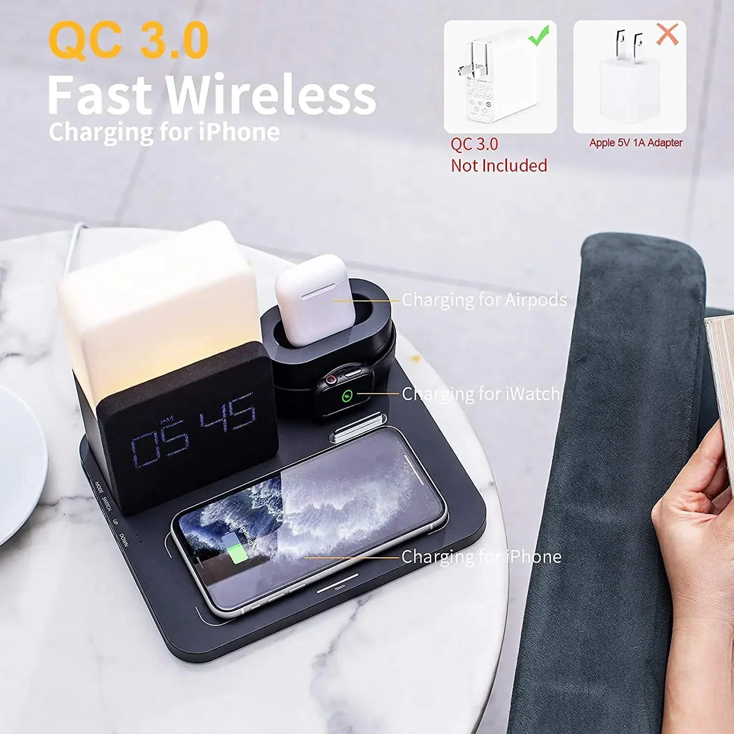 Quick charge with wireless charger, 4-in-1 LED lamp, bedside lamp, electronic alarm clock, radio headset, iPhone Iwatch charging