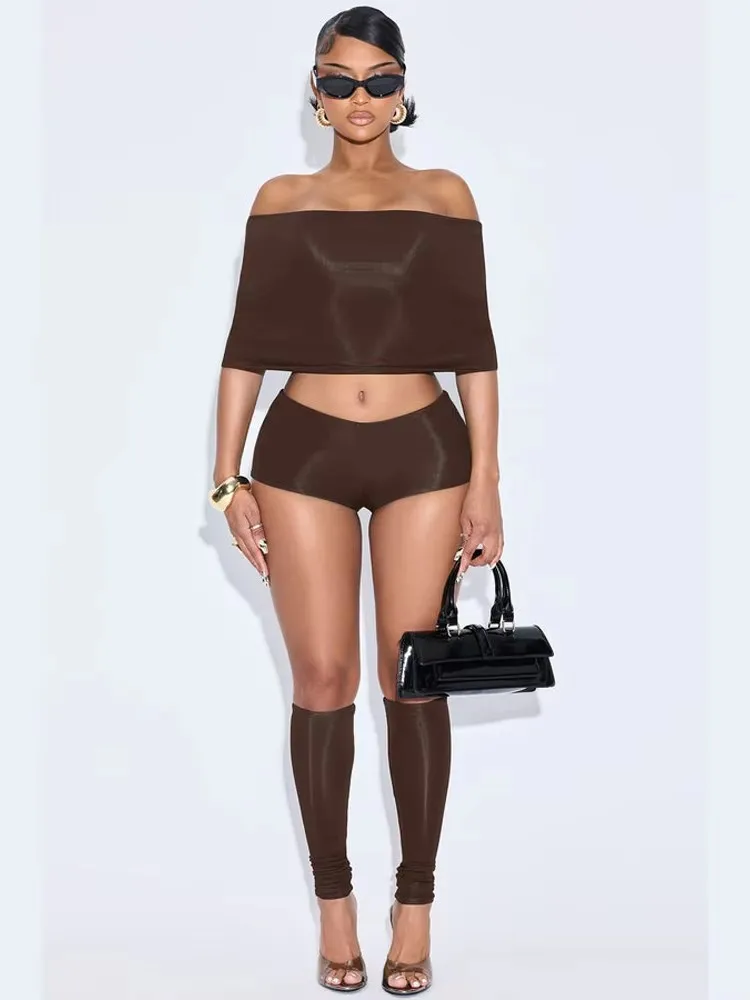 แปลก Puss Hipster 3 ชิ้นชุดผู้หญิง Slash คอกลางแขนเสื้อ Crop Tops + กางเกงขาสั้น + เท้าฤดูร้อนที่เรียบง่ายแนวโน้มการจับคู่ streetwear