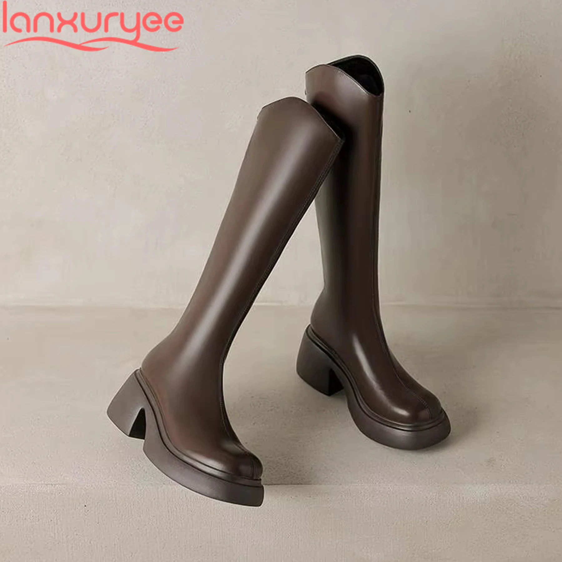 

Lanxuryee Microfiber Thick High Heels Riding Boots Platform Warm Winter Retro Casual Comfort Increased Ins Women Knee-high Boots