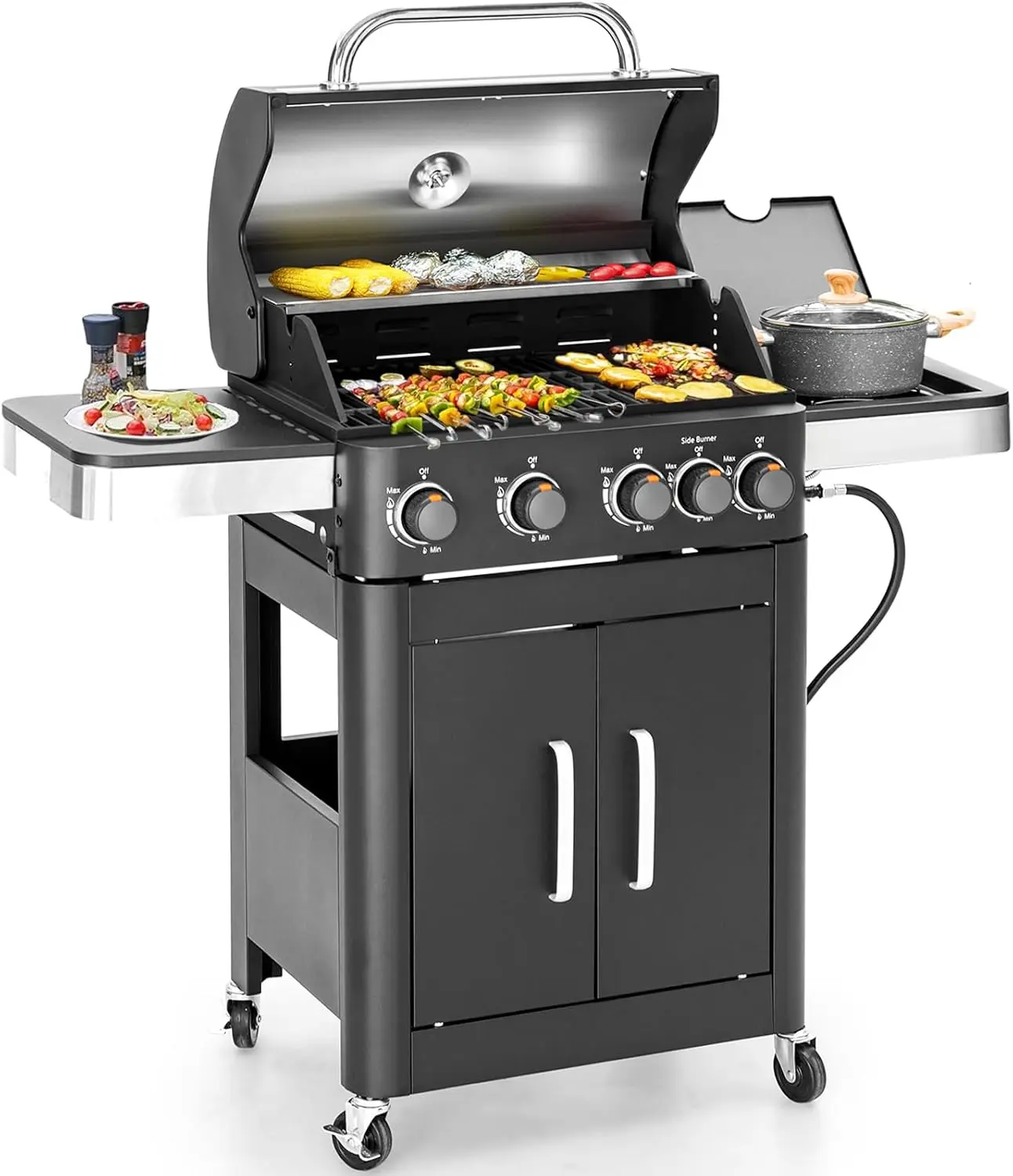 2 in 1 Propane Gas Grill with Side Burner & Porcelain-Enameled Cast Iron Grate, 4-Burner Flat Top Grill, 46,700 BTU Barbecue.