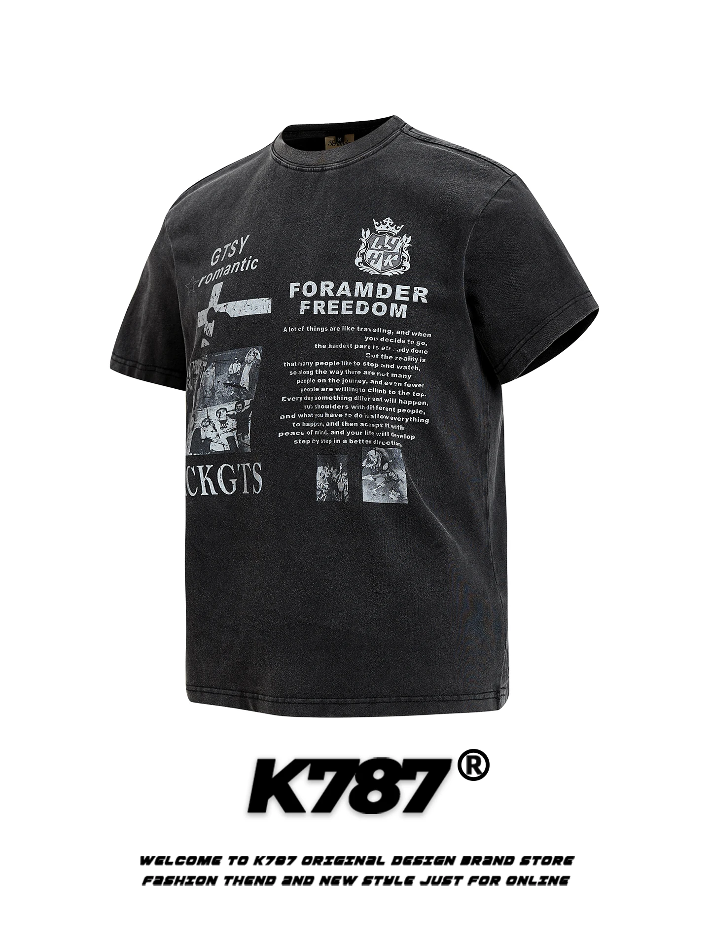 

K787 American Retro Spotted Print ort Sve T-irt Loose Casual Loose Summer Couple Tops Men's Faion oulder-Length Co...