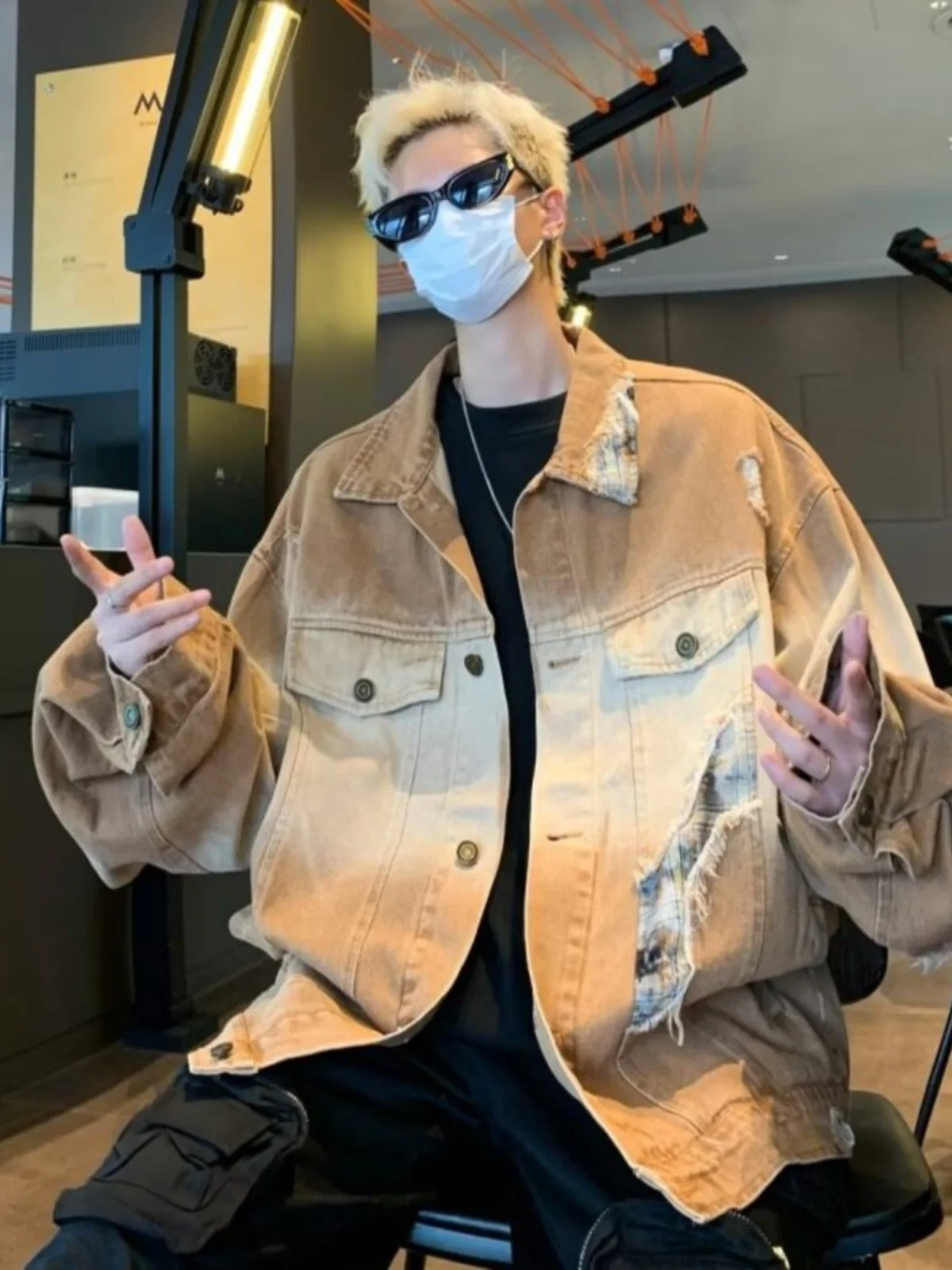 

American Sle Men's Oversize Denim Jaet Spring Autumn Waed adient Hole Youth Faion Workwear Jaet Casual Cool