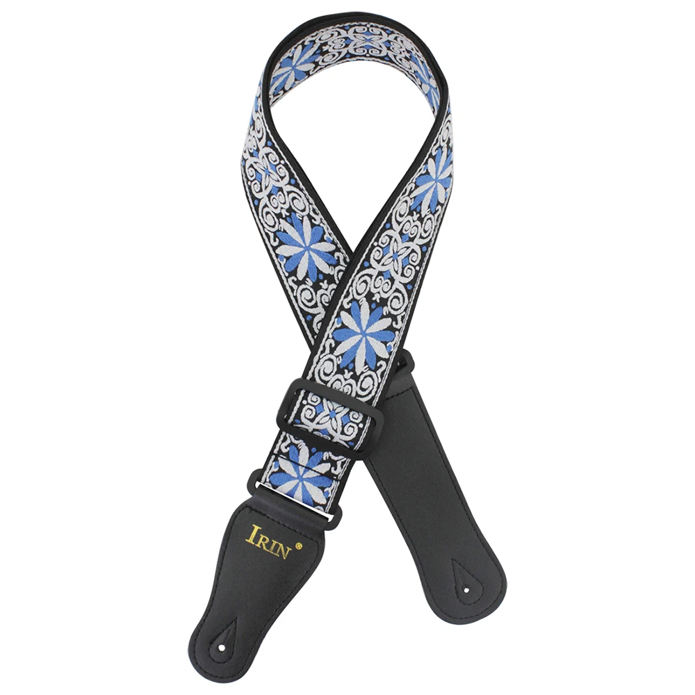 Universal Guitar Strap PU Leather Ends Adjustable Acoustic Guitar Blue Flower Embroidery Strap Belt Guitar Parts & Accessories