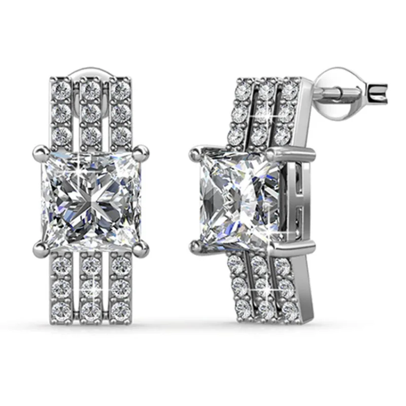 

Daisini 3 Row Design Princess Cut Stud Earrings with Swarovski Crystals 18k Rose Gold Plated Brass Jewelry Dainty Hypoallergenic