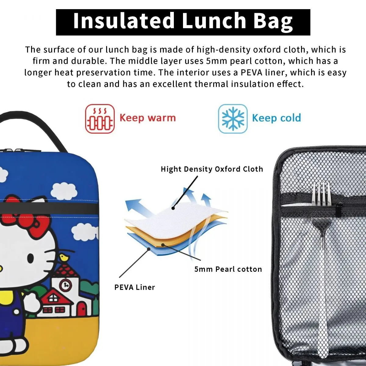 Hello Kitty Insulated Lunch Bag High Capacity Kawaii Cat Reusable Thermal Bag Lunch Box Tote Work Outdoor Food Storage Bags