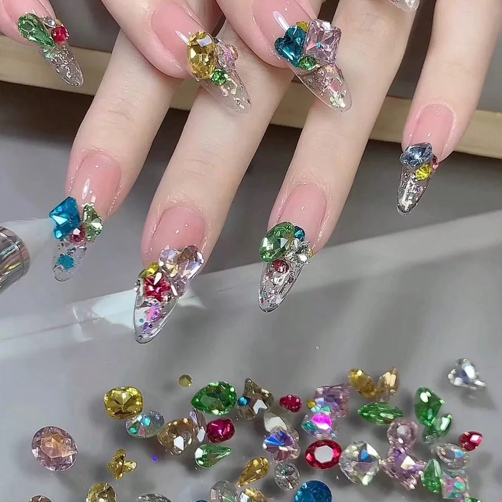 50 Mixed Color Candy Colored Nail Rhinestones 3D Shiny K9 Pointed Irregular Star Heart-shaped Square Droplet Nail Gemstone Decor