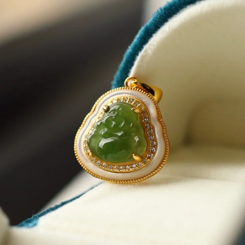 

Jasper Fritillary Maitreya Pendant Sterling Silver Plated 18K Gold Full Color Icy Jadeite Jade Buddha