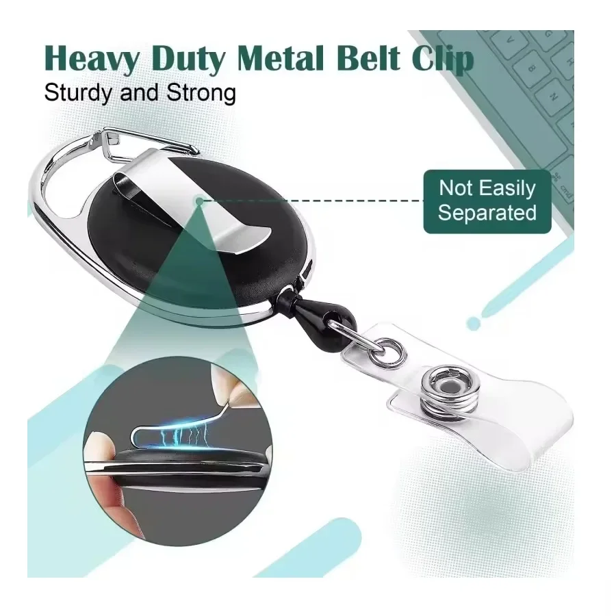 Retractable Badge Reel Holders, Metal Heavy Duty With Carabiner Belt Clip And Key Ring For ID Card Name Holder And Keychain