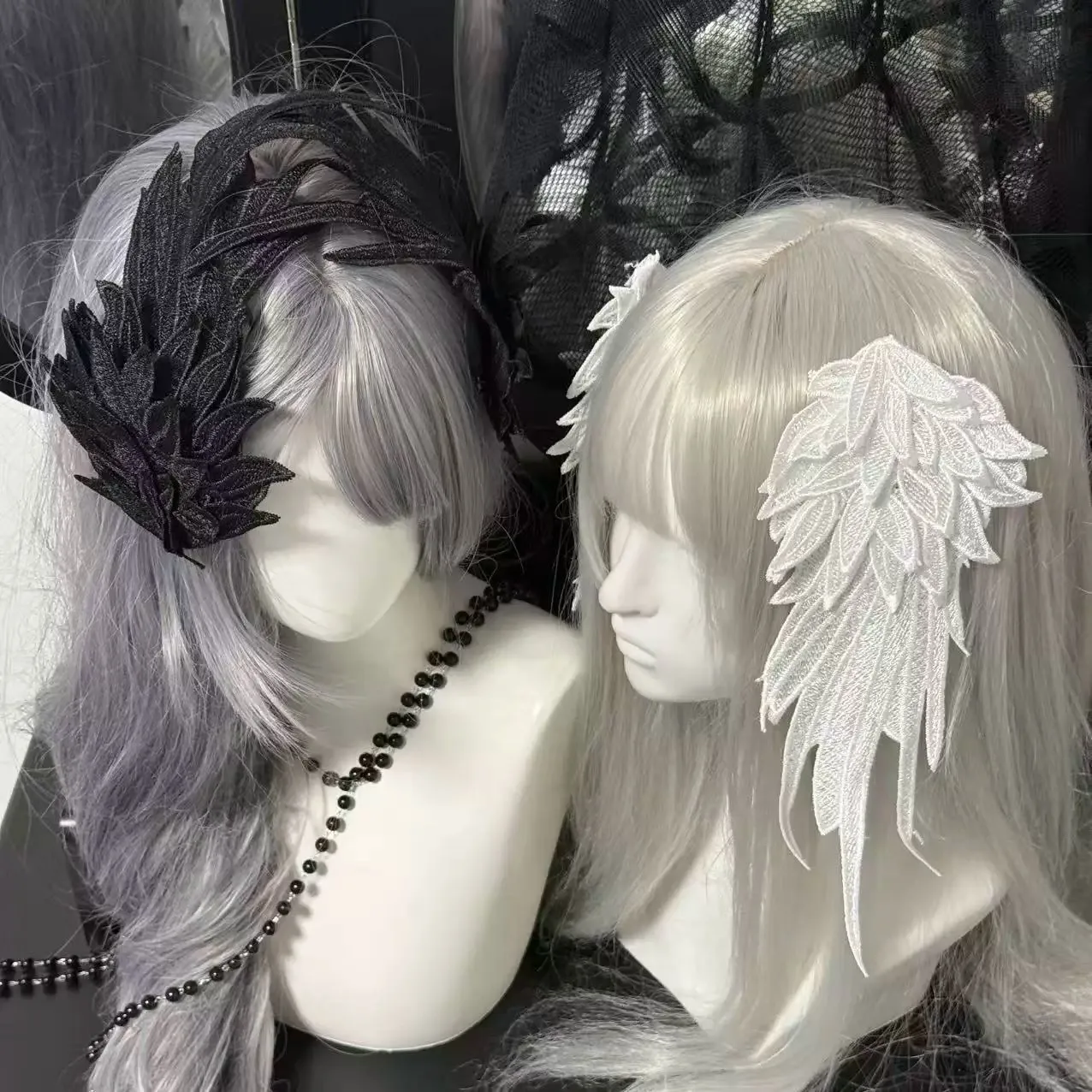 Gothic Angel Wing Hair Clips, Black or White Embroidered Hair Accessories for Lolita Cosplay and Costume Parties