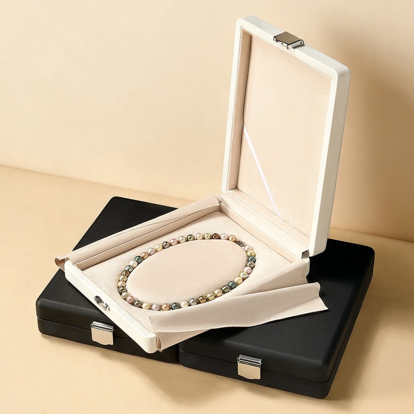 Leather jewelry box ring pearl necklace storage box pendant jewelry gift snap packaging box