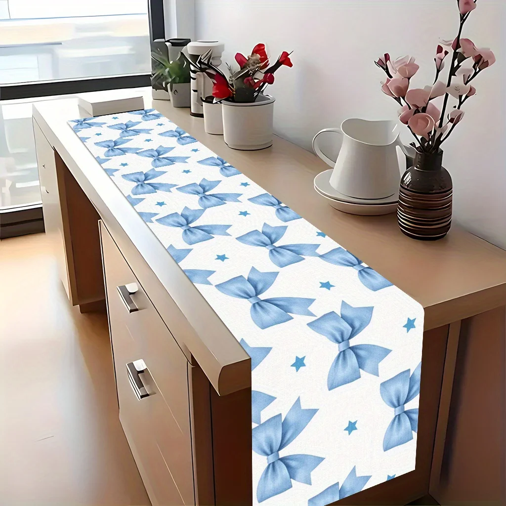1pc Blue Bow Table Runner Festive Decorative Cloth for Home Kitchen Dining Office Living Room Holiday Party Decor