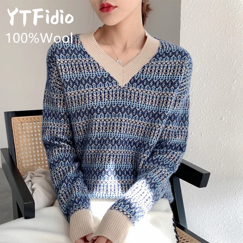 

YTFidio 100% Wool Women V-neck Slim Tops Outerwears Knitted decorative pattern Sweater Office Lady thickening Pullover 141