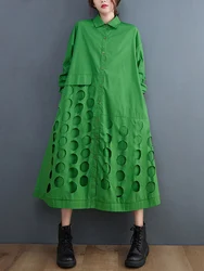 Polka Dot Hollow Out Cotton Shirt Dresses For Women Long Sleeve Loose Casual Vintage Dress Elegant Clothing Spring Autumn 2025