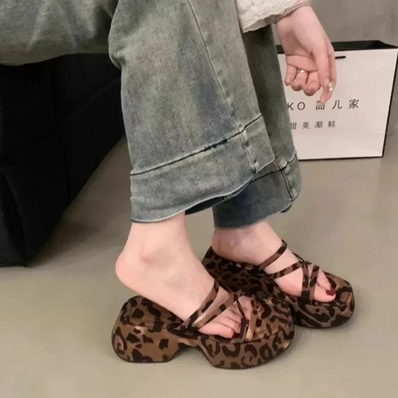 Summer Leopard Print Women's Slippers Platform Chunky Heels 2024 High Quality Shoes for Women Open Toe Simple Casual Slippers