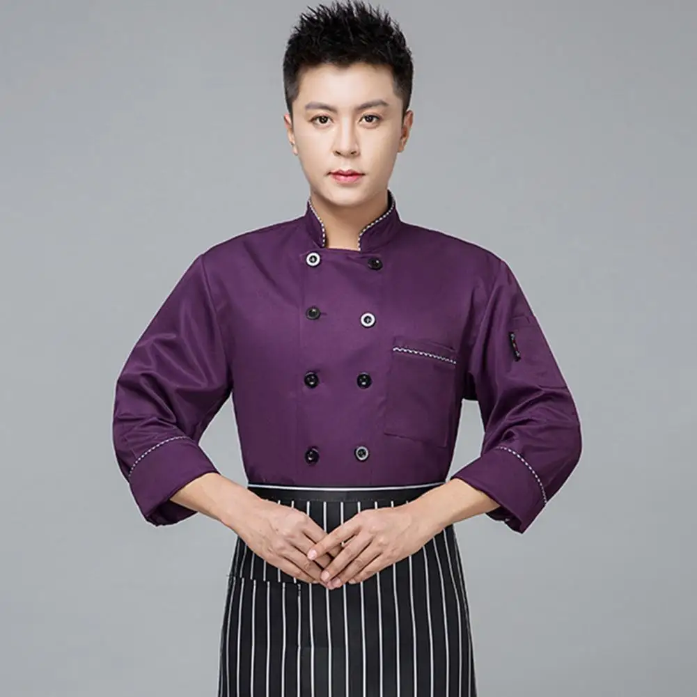 Stand Collar Chef Top Contrast Color Catering Cooking Clothes Long Sleeves Chef UniformSweat Absorption Chef Top Men Shirt