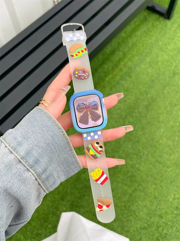 Cartoon Cute Funny Strap+Case For Apple Watch Band Ultra2 49mm 45mm 44 41 Correa Clear Silicone Band For Iwatch Series 9 8 SE 7